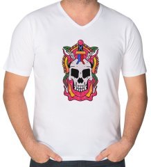 BK Gift Kurukafa Tasarımlı V Yaka Tişört-1