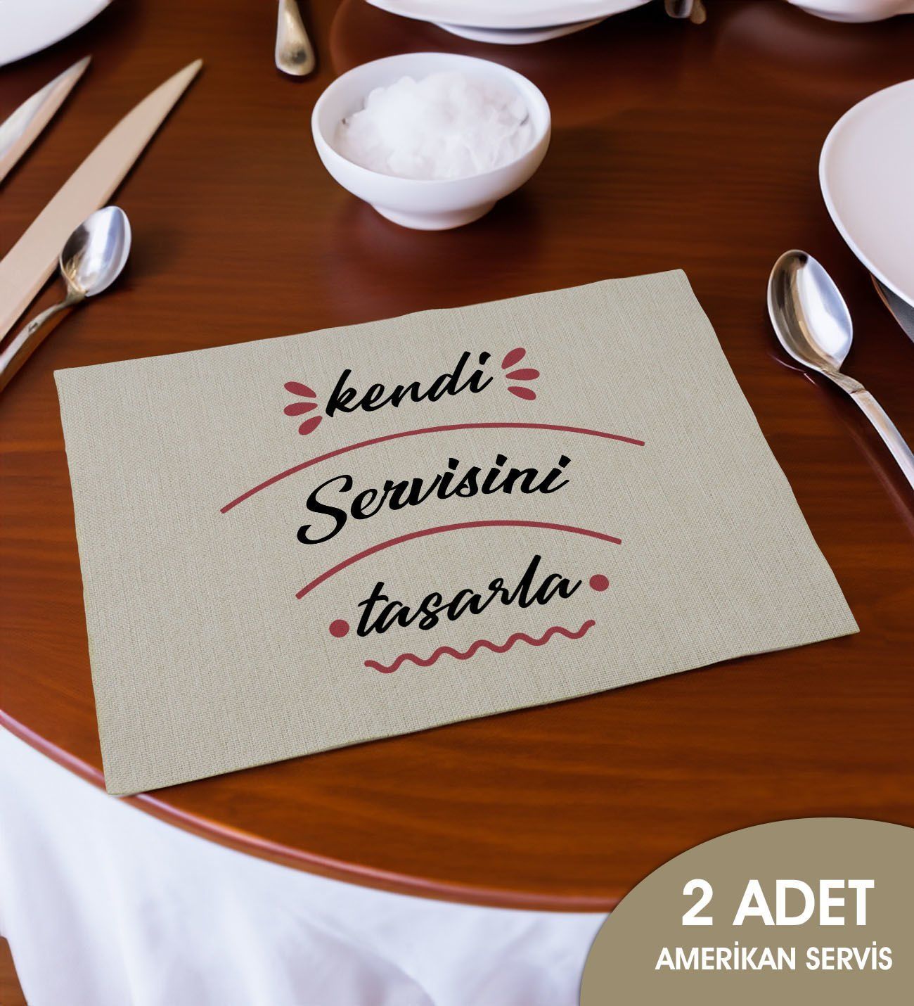 BK Gift Kişiye Özel Kendin Tasarla 2’li Keten Amerikan Servis Seti, Ev Hediyesi,Baskılı Servis Bezi, Mutfak Dekoru