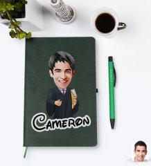 Kişiye Özel Erkek Avukat Karikatürlü Yeşil Termo Deri Defter Kalem Seti Model 1