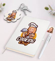 Kişiye Özel Kadın Chef Karikatürlü Beyaz Defter Kalem ve Anahtarlık Hediye Seti-15