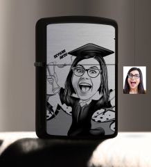 Kişiye Özel Bayan Mezun Karikatürlü Benzinli Siyah Metal Çakmak - 1