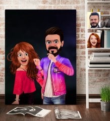 Kişiye Özel Sevgililer Animasyon Karikatürlü Kanvas Tablo 70x100cm -32