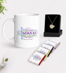 Kişiye Özel Sosyal Bilgiler Öğretmeni Beyaz Kupa Çikolata ve İsimli Papatya Kolye Hediye Seti-1