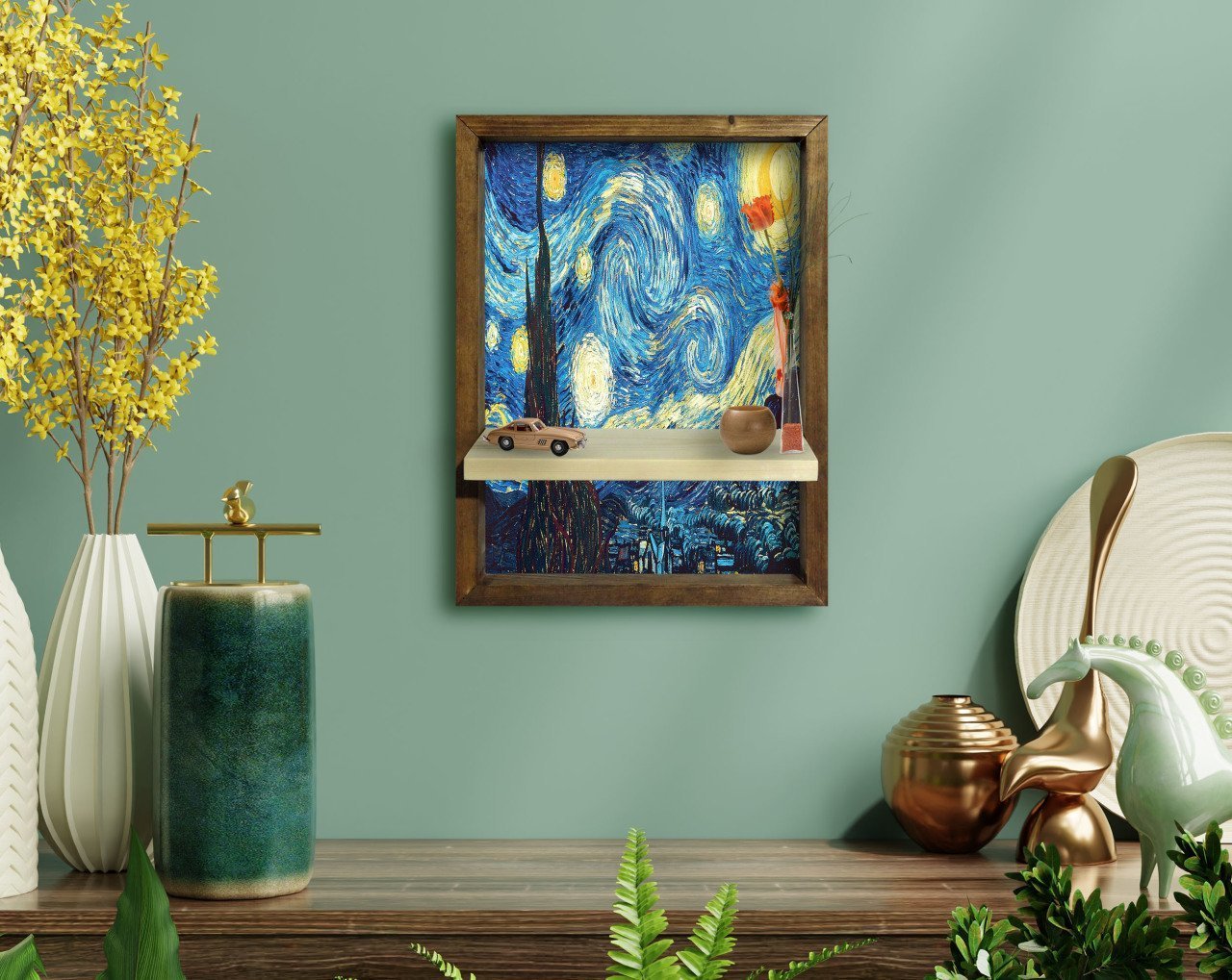BK Home Starry Night Van Gogh Tasarımlı Doğal Masif Ahşap Çerçeveli Tablo Duvar Rafı-1