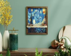 BK Home Starry Night Van Gogh Tasarımlı Doğal Masif Ahşap Çerçeveli Tablo Duvar Rafı-1