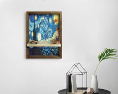 BK Home Starry Night Van Gogh Tasarımlı Doğal Masif Ahşap Çerçeveli Tablo Duvar Rafı-1