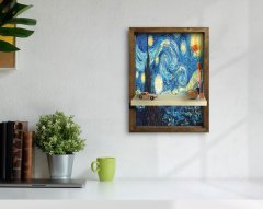 BK Home Starry Night Van Gogh Tasarımlı Doğal Masif Ahşap Çerçeveli Tablo Duvar Rafı-1