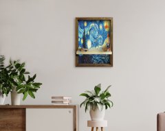BK Home Starry Night Van Gogh Tasarımlı Doğal Masif Ahşap Çerçeveli Tablo Duvar Rafı-1