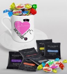 Kişiye Özel Hemşire Türk Kahvesi Fincanı Selamlique Karışık Türk Kahvesi ve Haribo Şeker Hediye Seti-6
