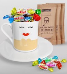 Kişiye Özel Sevgililer Günü Türk Kahvesi Fincanı Mehmet Efendi Kahve ve Haribo Şeker Hediye Seti-100