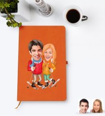 Kişiye Özel Sevgililer Karikatürlü Turuncu Termo Deri Defter Model 107