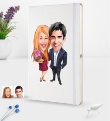 Kişiye Özel Sevgililer Karikatürlü Beyaz Termo Deri Defter 16x24cm Model 94