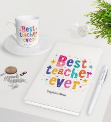 Kişiye Özel En İyi Öğretmen Beyaz Defter Kalem Türk Kahvesi Fincanı Seti-12