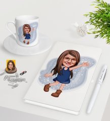 Kişiye Özel Kız Çocuk Karikatürlü Beyaz Defter Kalem Türk Kahvesi Fincanı Seti-4
