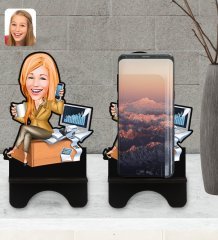 Kişiye Özel Kadın Muhasebeci Karikatürlü Ahşap Biblo Telefon Standı-1