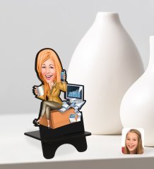 Kişiye Özel Kadın Muhasebeci Karikatürlü Ahşap Biblo Telefon Standı-1
