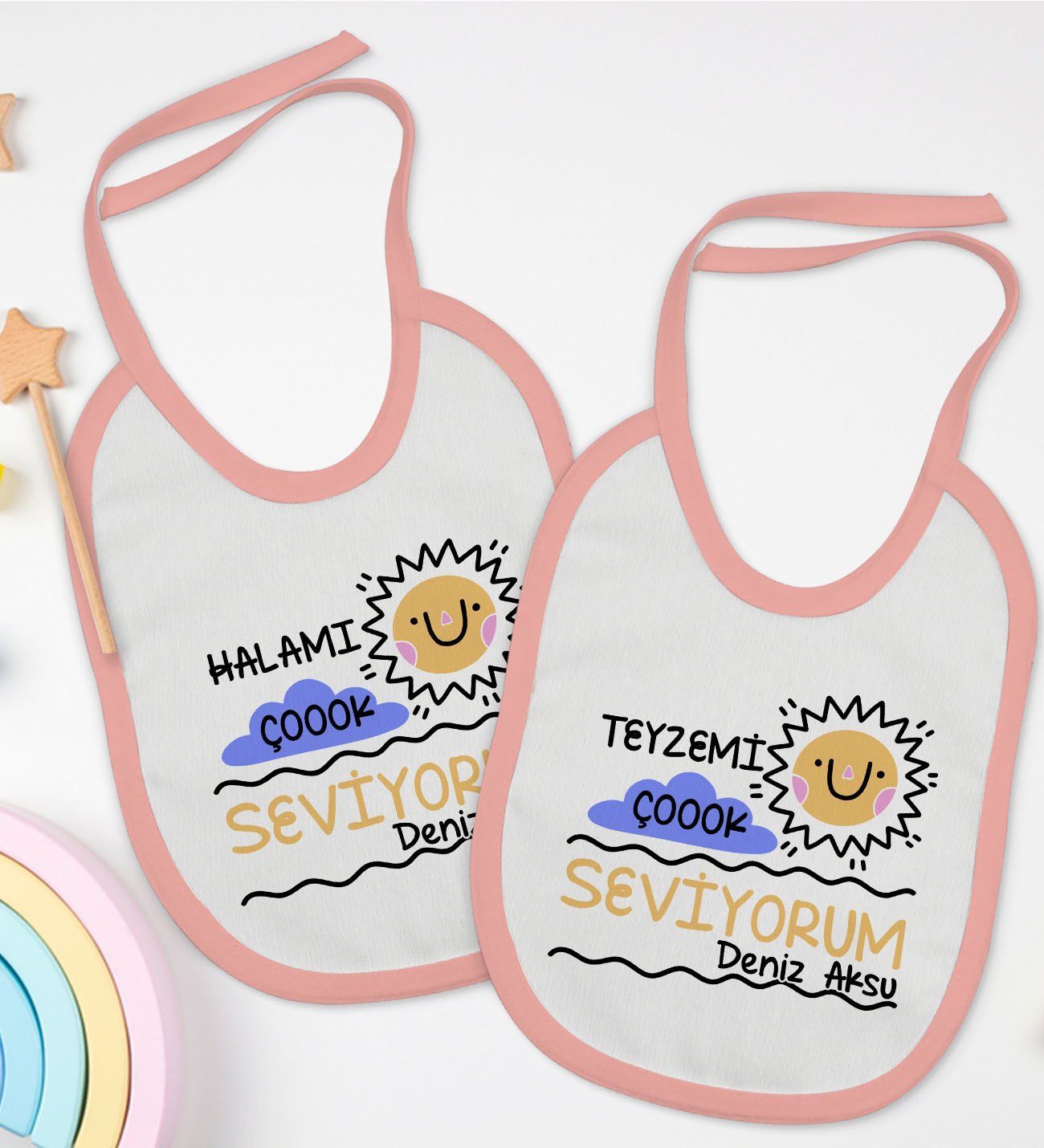 BK Kids Kişiye Özel Hala ve Teyze Tasarımlı 2’li Pembe Mama Önlüğü-1