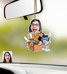 Kişiye Özel Bayan Muhasebeci Karikatürlü Ahşap Araba Dikiz Ayna Süsü-1