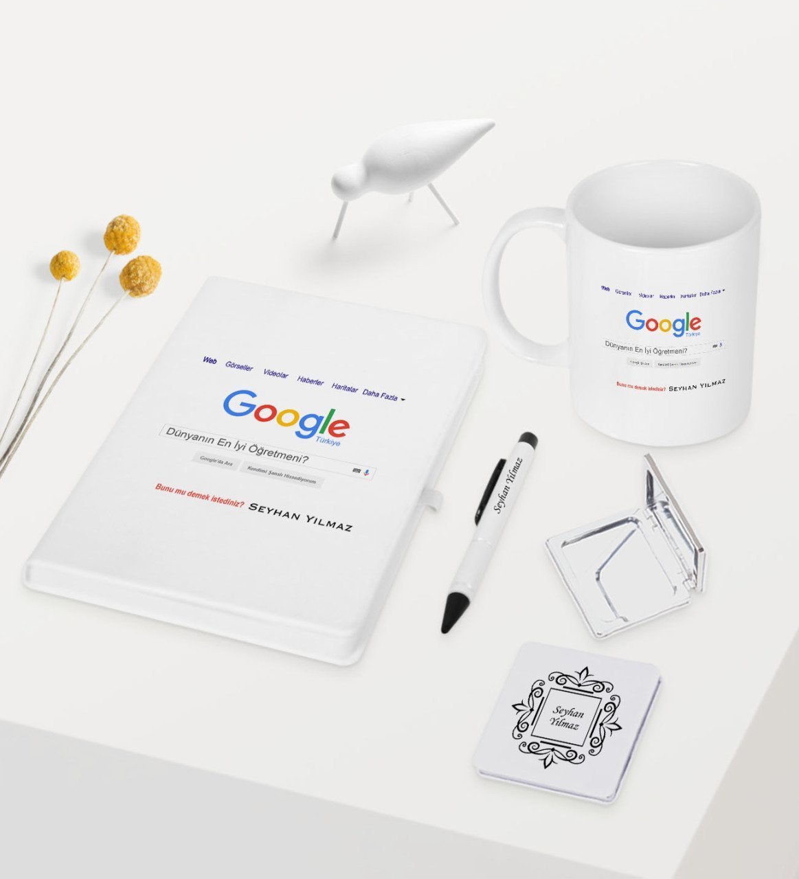 Kişiye Özel Google Dünyanın En İyi Öğretmeni Temalı Beyaz Defter Kalem Kupa Ayna Seti