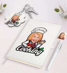 Kişiye Özel Kadın Chef Karikatürlü Beyaz Defter Kalem ve Anahtarlık Hediye Seti-14
