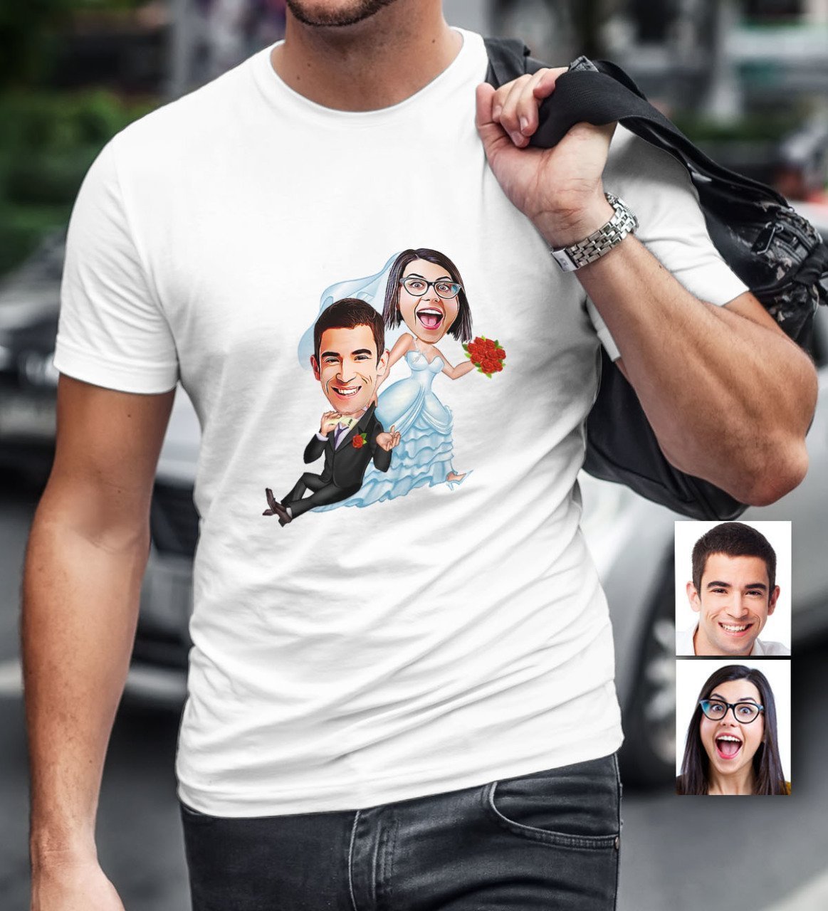 Kişiye Özel Evleniyoruz Karikatür Beyaz Erkek Tişört - 2