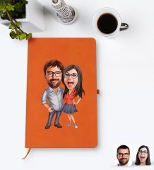 Kişiye Özel Sevgililer Karikatürlü Turuncu Termo Deri Defter Model 105