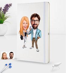 Kişiye Özel Sevgililer Karikatürlü Beyaz Termo Deri Defter 16x24cm Model 93