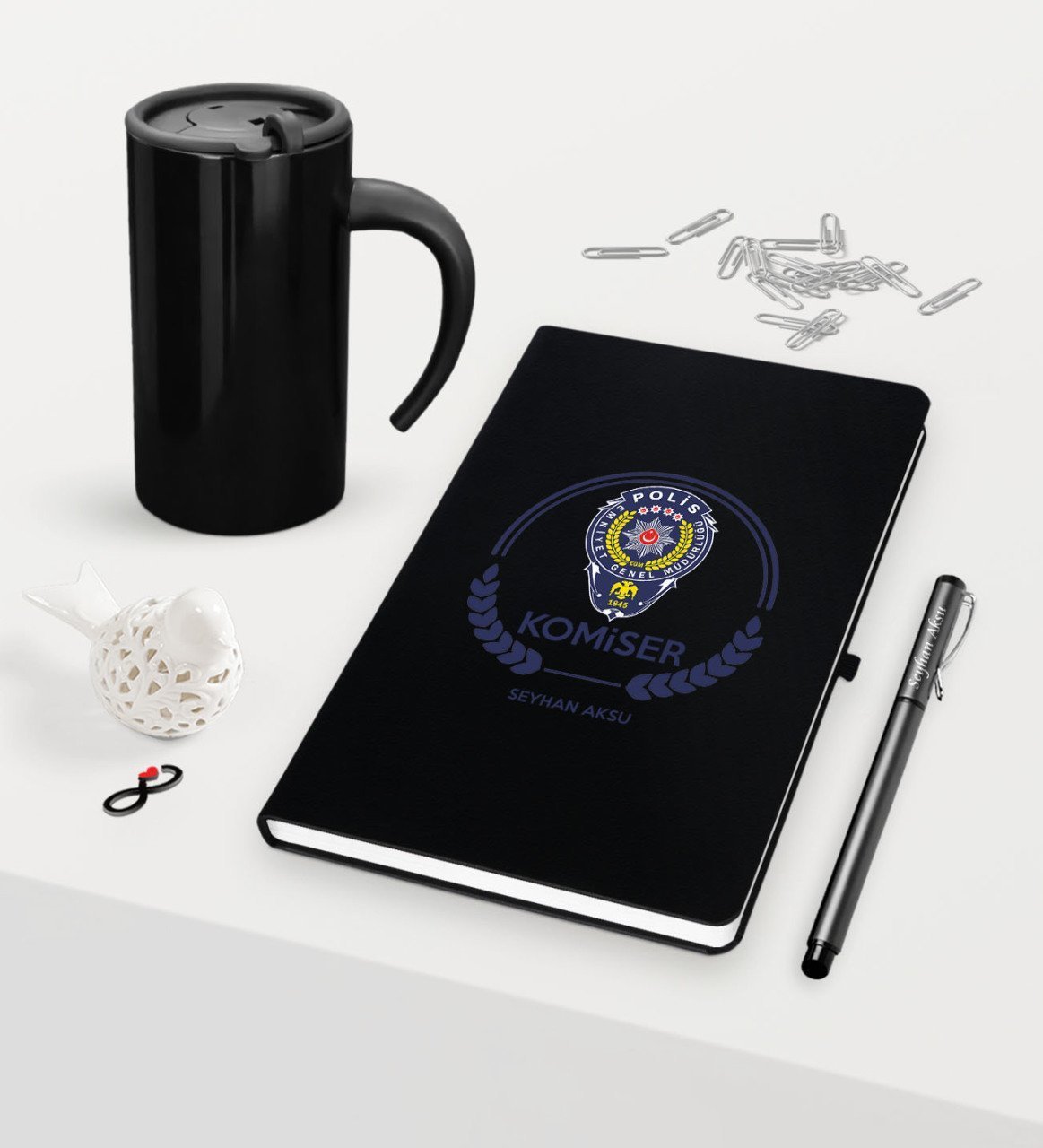 Kişiye Özel Komiser Temalı Siyah Defter Kalem Termos Mug Seti - 2