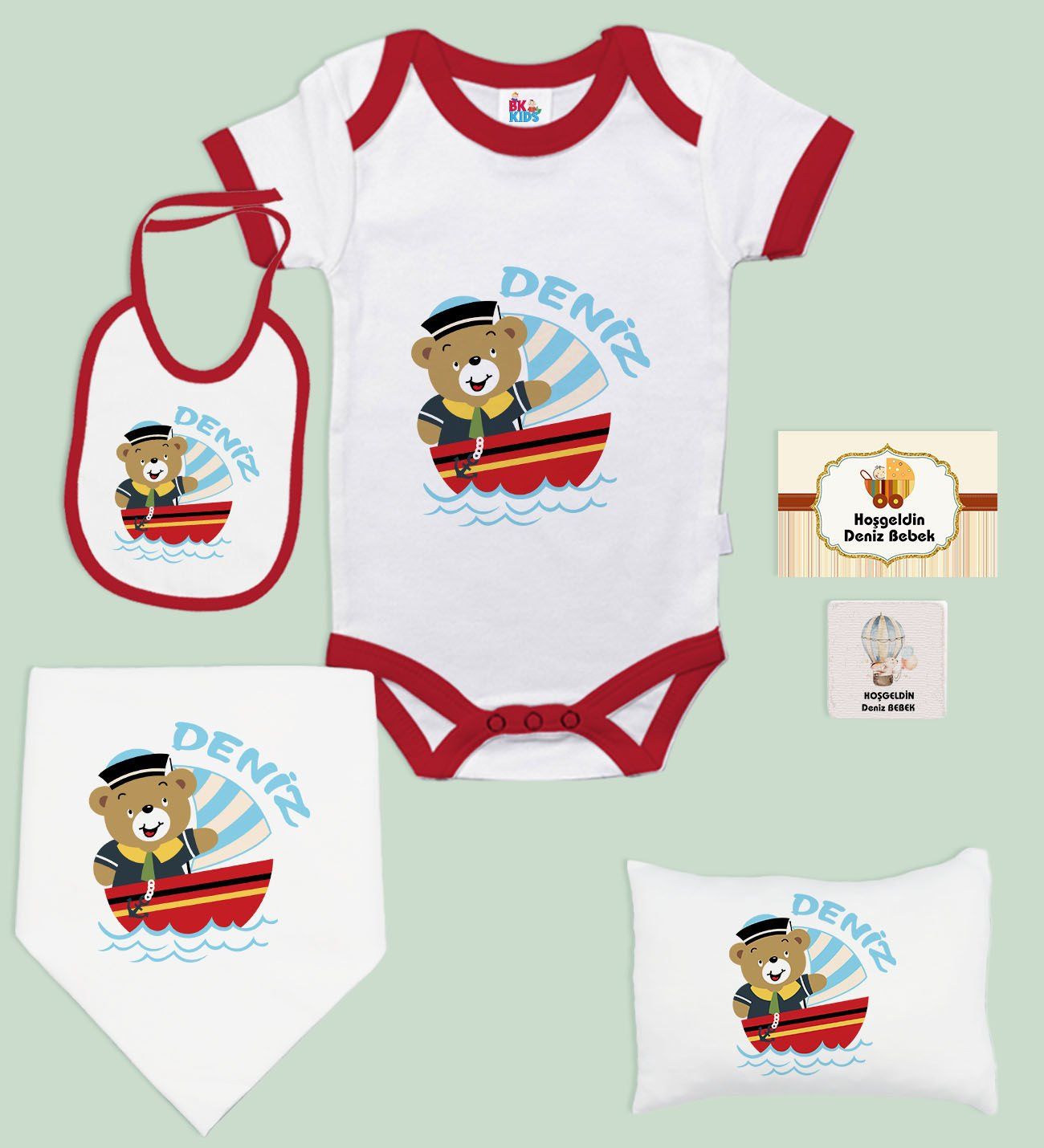 BK Kids Kişiye Özel İsimli 6 Parça Kırmızı Bebek Body Zıbın Battaniye ve Yastık Hediye Seti, Yeni Doğan Bebek Giyim Hediyesi-1