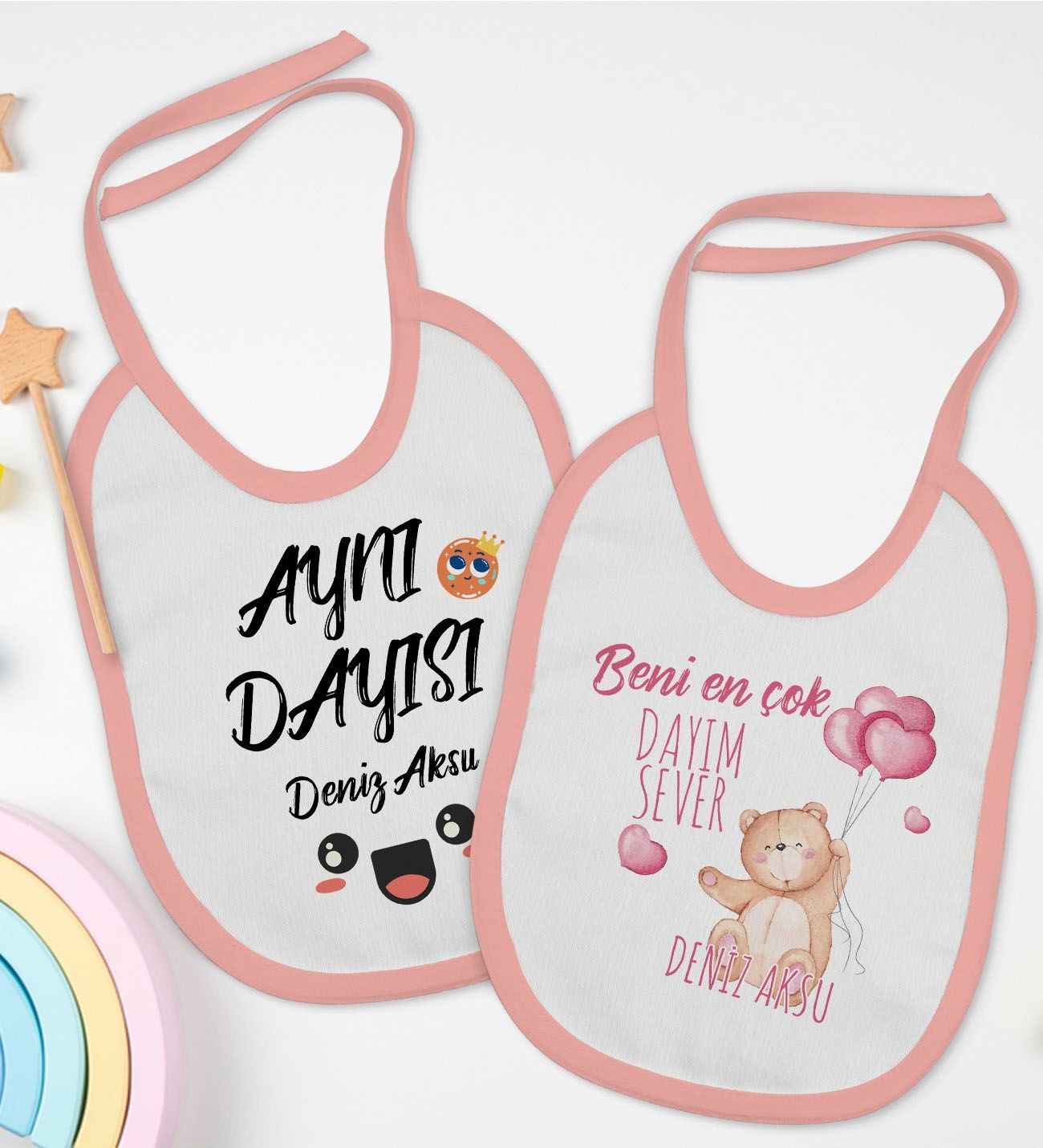 BK Kids Kişiye Özel Dayı Tasarımlı 2’li Pembe Mama Önlüğü-1