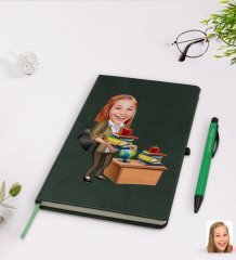 Kişiye Özel Kadın Öğretmen Karikatürlü Yeşil Termo Deri Defter Kalem Seti Model 4