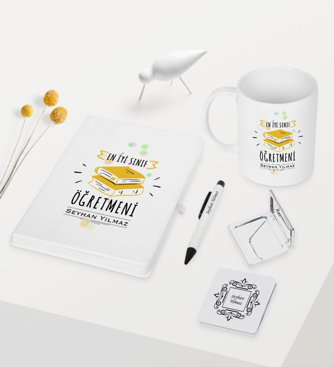 Kişiye Özel En İyi Sınıf Öğretmeni Temalı Beyaz Defter Kalem Kupa Ayna Seti - 6