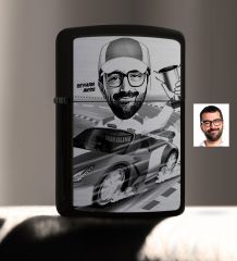 Kişiye Özel Bay Rallici Karikatürlü Benzinli Siyah Metal Çakmak - 1