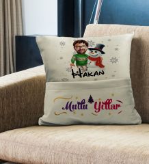 BK Gift Kişiye Özel Yılbaşı Karikatür Tasarımlı Organizer Kumanda ve Atıştırmalık Cepli Krem Kırlent Yastık- 9, Yılbaşı Hediyesi, Yeni Yıl Hediyeleri