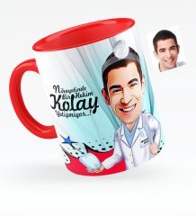 Kişiye Özel Bay Diş Hekimi Karikatürlü Kırmızı Kupa Bardak - 3