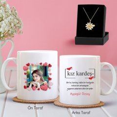 Kişiye Özel Fotoğraflı Kız Kardeş Tasarımlı Kupa ve Papatya Kolye Hediye Seti-1