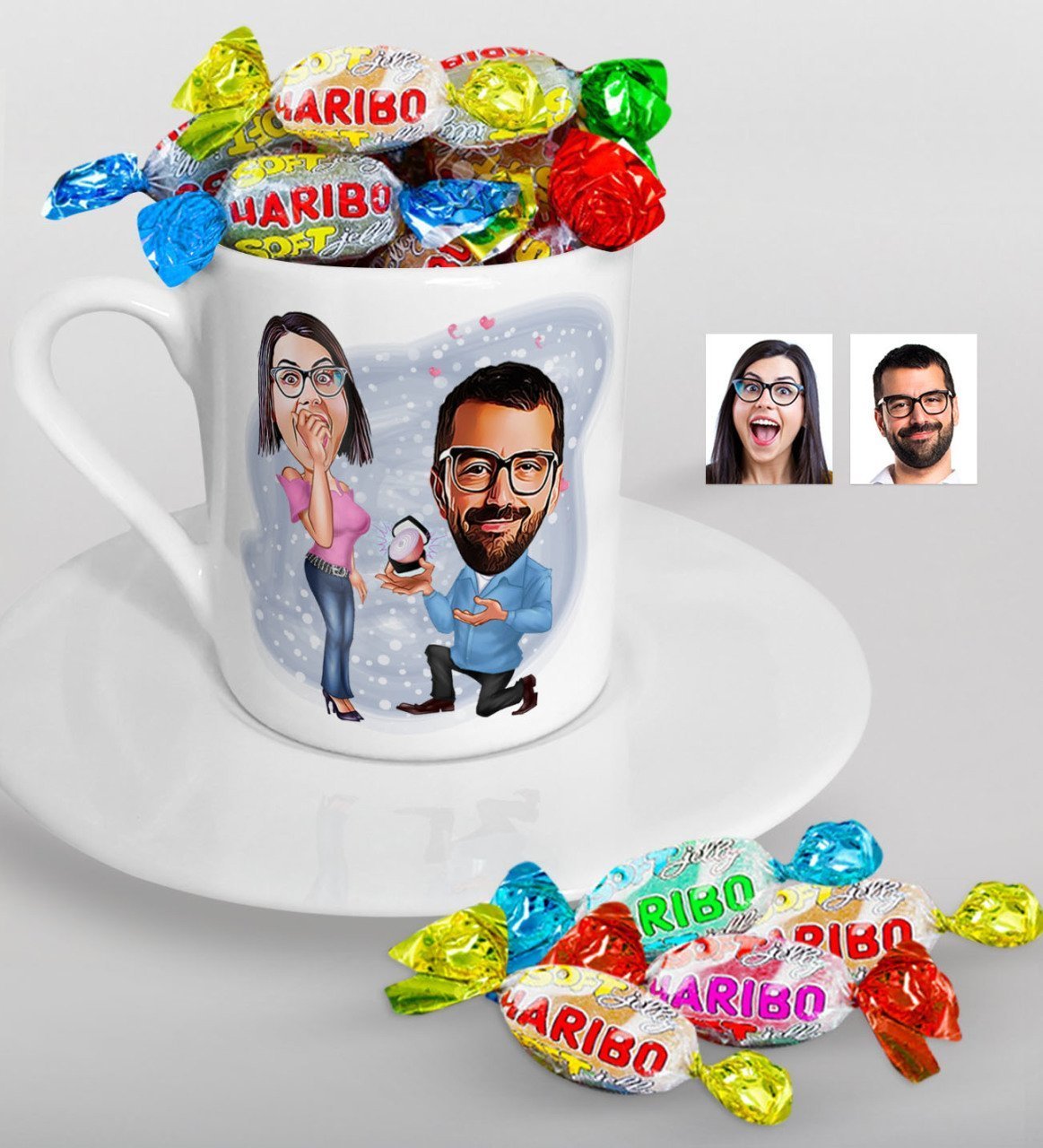 Kişiye Özel Evlilik Teklifi Karikatürlü Türk Kahvesi Fincanı ve Haribo Şeker Hediye Seti-1