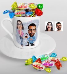 Kişiye Özel Evlilik Teklifi Karikatürlü Türk Kahvesi Fincanı ve Haribo Şeker Hediye Seti-1