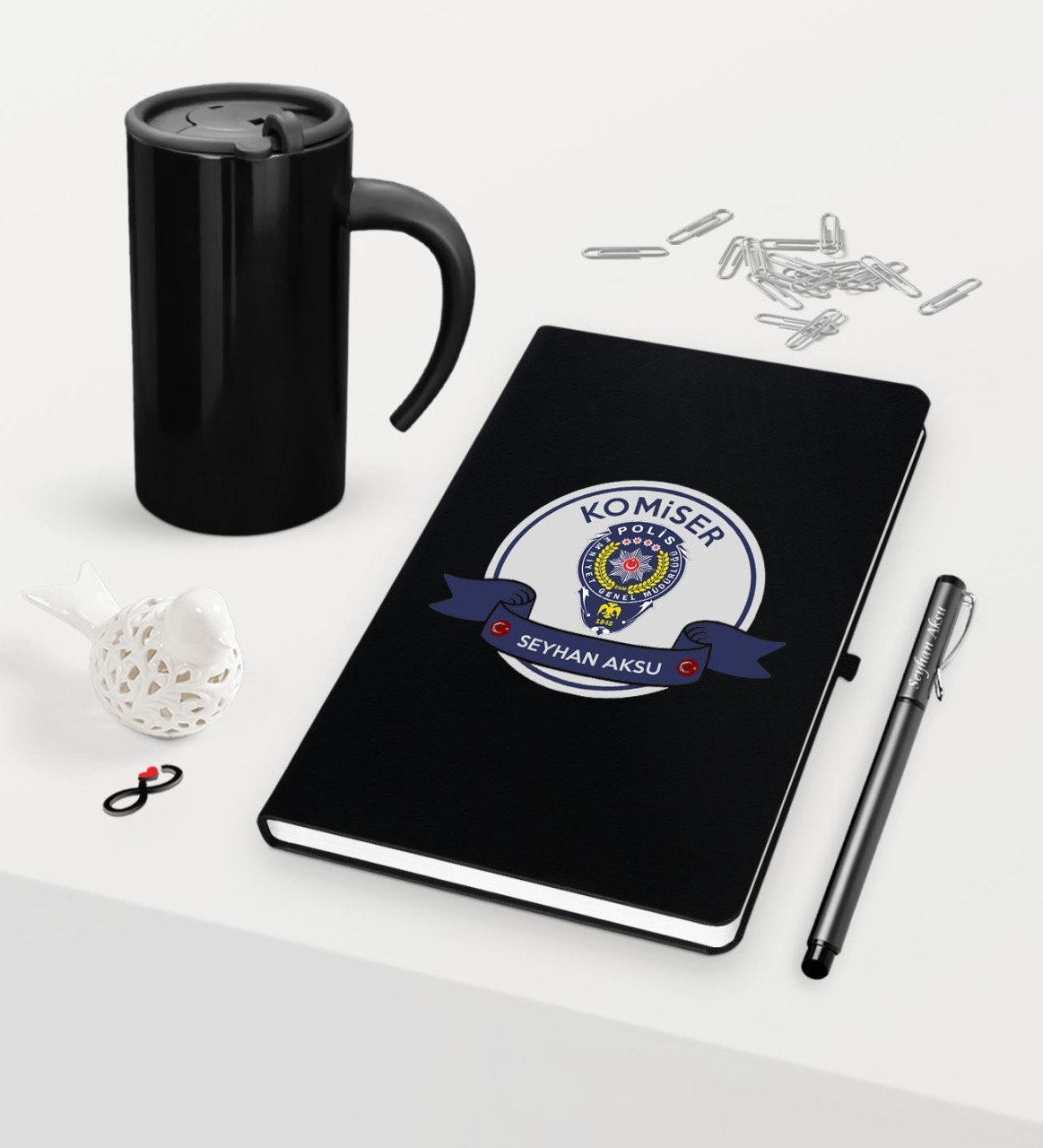 Kişiye Özel Komiser Temalı Siyah Defter Kalem Termos Mug Seti - 1