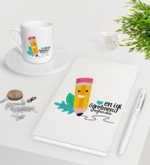 Kişiye Özel En İyi Öğretmen Beyaz Defter Kalem Türk Kahvesi Fincanı Seti-10
