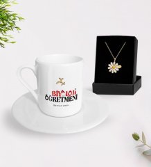 Kişiye Özel Biyoloji Öğretmeni Türk Kahvesi Fincanı ve İsimli Papatya Kolye Hediye Seti