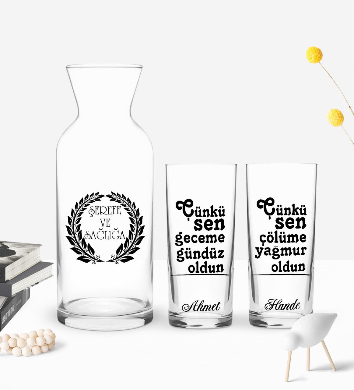 Kişiye Özel Renkli Baskılı Çünkü Sen Tasarımlı İkili Rakı Bardağı ve Karaf Hediye Seti-1