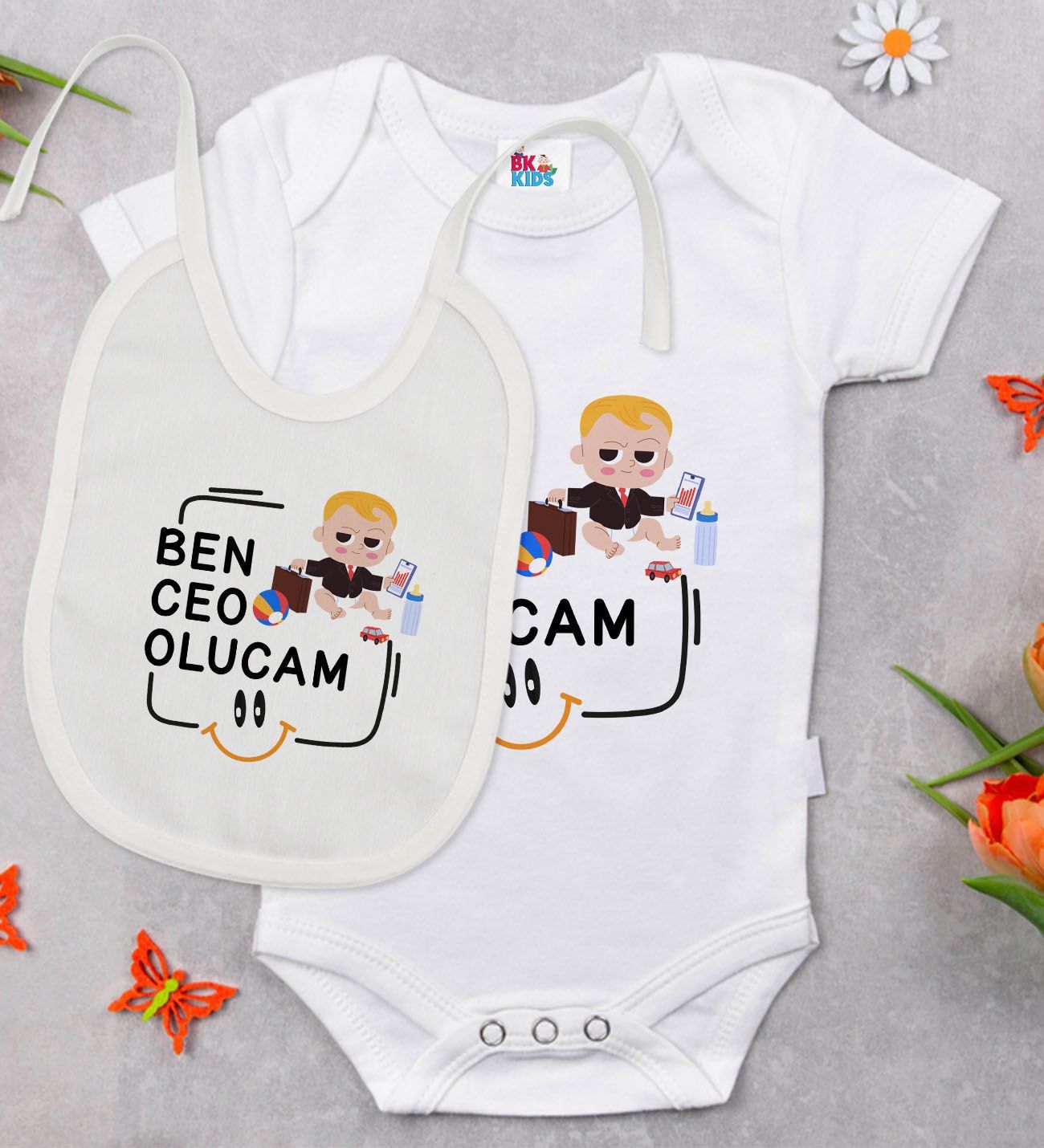 BK Kids Ceo Olucam Tasarımlı Beyaz Bebek Body Zıbın ve Mama Önlüğü Hediye Seti-1