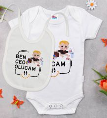 BK Kids Ceo Olucam Tasarımlı Beyaz Bebek Body Zıbın ve Mama Önlüğü Hediye Seti-1