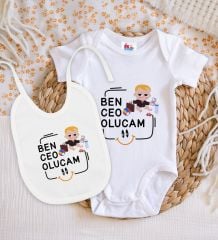 BK Kids Ceo Olucam Tasarımlı Beyaz Bebek Body Zıbın ve Mama Önlüğü Hediye Seti-1