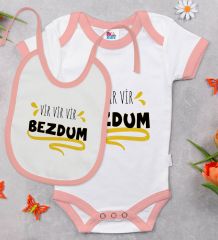 BK Kids Bezdum Tasarımlı Pembe Bebek Body Zıbın ve Mama Önlüğü Hediye Seti-5