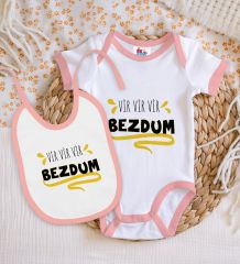 BK Kids Bezdum Tasarımlı Pembe Bebek Body Zıbın ve Mama Önlüğü Hediye Seti-5