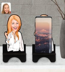 Kişiye Özel Kadın Model Karikatürlü Ahşap Biblo Telefon Standı-2