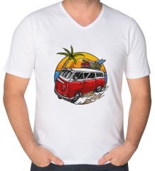 BK Gift Klasik Araç Tasarımlı V Yaka Tişört-1