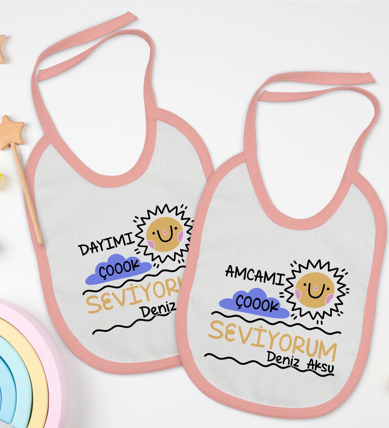 BK Kids Kişiye Özel Dayı ve Amca Tasarımlı 2’li Pembe Mama Önlüğü-1